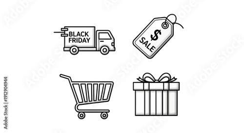 Black Friday shopping icons: delivery truck, sale tag, shopping cart, gift box