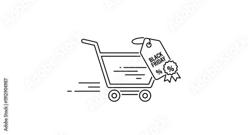 Black Friday Shopping Cart Icon with Discount Tag and Speed Lines