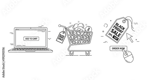Black Friday Online Shopping Icons: Laptop, Cart, Tag, Mouse Cursor