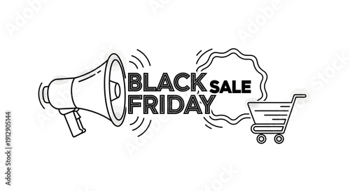 Black Friday Sale Announcement with Megaphone and Shopping Cart Icons