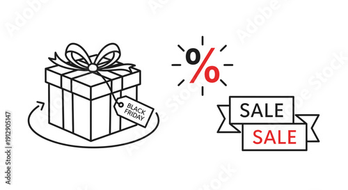 Black Friday Sale Gift Box with Percentage Discount and Sale Ribbons