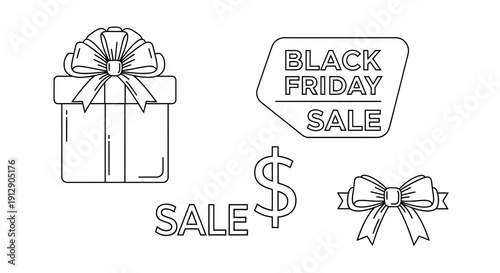 Black Friday Sale Icons: Gift Box, Dollar Sign, Bows, and Sale Text - Vector Graphics