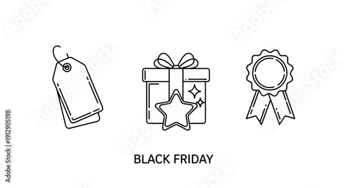 Black Friday Sale Icons: Gift Box, Price Tag, Award Ribbon - Line Art