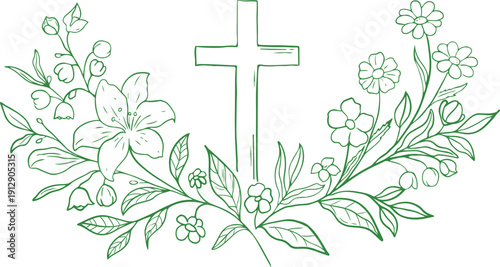 Easter Cross with Floral Branches – Christian Spring Line Art Vector Illustration EPS