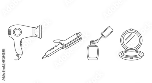 Beauty Essentials: Hair Dryer, Curling Iron, Nail Polish, Compact Mirror Icons