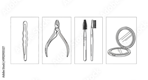 Beauty Tools Collection: Tweezers, Cuticle Nipper, Eyebrow Brush, Compact Mirror - Line Art
