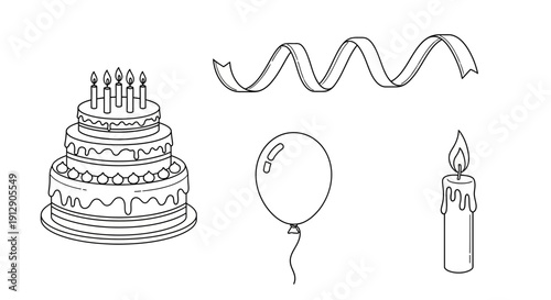 Birthday Celebration Elements: Cake, Balloon, Candle, Ribbon - Line Art Illustration