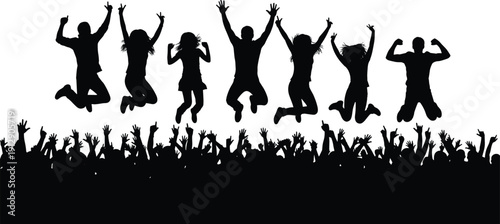 Jumping people silhouettes above cheering crowd isolated on white background, celebration, concert audience, excitement, party, freedom, happiness concept illustration