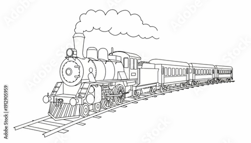 A steam train chugs along the tracks with smoke billowing out