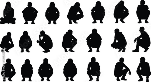 People squatting silhouette collection isolated on white background featuring various human crouching poses, waiting posture illustration set graphic design