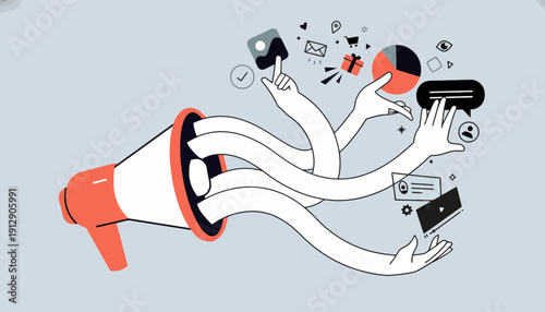 A megaphone broadcasts various media devices to a diverse audience in a modern setting with zc ai tools.