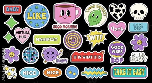 Sticker sheet with various colorful illustrations and phrases on black background including baby, like, good morning, manifest, nice