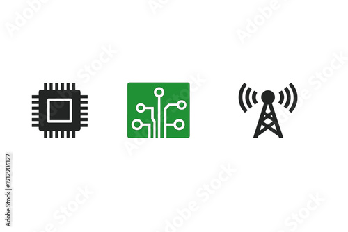 A set of three technology icons featuring a black processor, a green circuit board square, and a black radio antenna with signal waves, isolated on a dark black background.