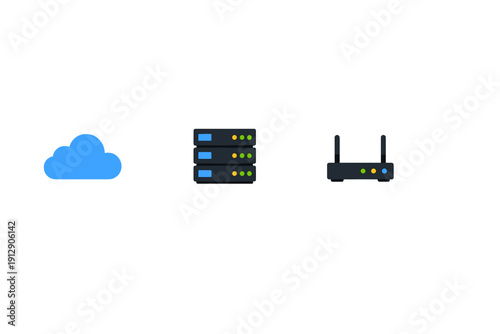 A minimalist illustration featuring a blue cloud icon, a stack of three server units, and a wireless router on a dark background, representing network connectivity and data storage.