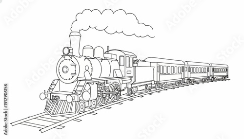 A steam locomotive train chugs along the railway tracks emitting smoke