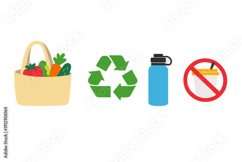 A collection of flat icons representing sustainable living, featuring a reusable grocery bag with vegetables, a recycling symbol, a water bottle, and a crossed-out disposable cup.