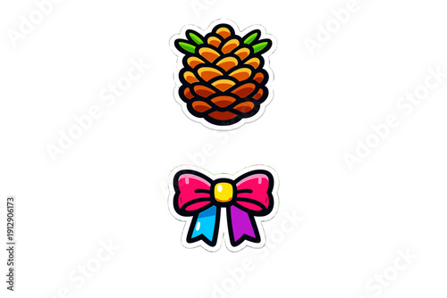 Two cartoon stickers featuring a brown pinecone with green needles and a colorful bow with pink, blue, and purple details, both set against a solid black background.