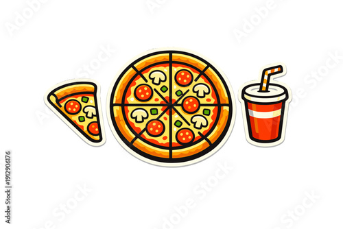 A cartoon illustration of a whole pepperoni pizza with mushrooms and green peppers, a single slice, and a red soda cup with a straw, all set against a black background.