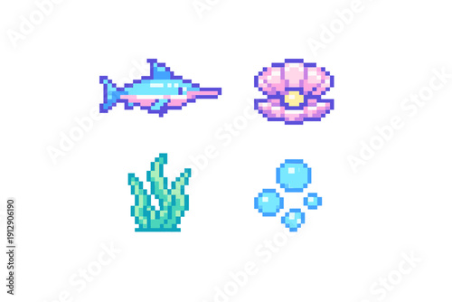 A collection of four pixel art icons featuring a blue swordfish, a pink clam with a pearl, green seaweed, and blue bubbles, all set against a solid black background.