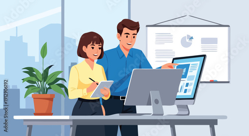 Colleagues collaborating on zc ai project at office desk with computer and notes