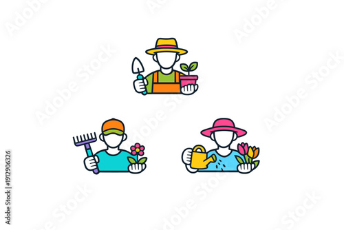 Set of three colorful flat vector icons depicting gardeners on a black background. The characters hold various tools like a rake, trowel, and watering can along with plants.