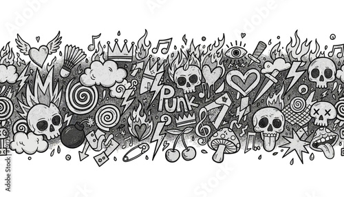 A chaotic illustration of various punk rock themed doodles and graffiti fills the top border of a zc (100).ai illustration.