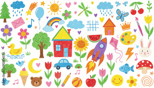 Colorful cartoon scene with a house, rocket, animals, and various objects outdoors in a playful environment viewed from above.