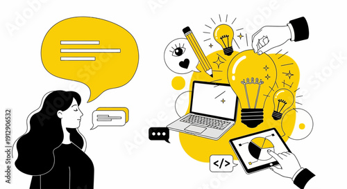 Creative woman with lightbulb moments around laptop and devices in modern office