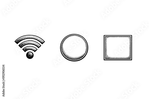 Three white hand-drawn icons including a Wi-Fi symbol, a circle, and a square are displayed on a solid black background. The icons feature a detailed hatched shading style.