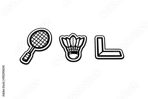 A minimalist black and white illustration featuring a badminton racket, a shuttlecock, and a stylized letter L icon arranged horizontally on a solid black background.