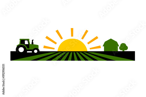 A minimalist graphic illustration of a farm landscape featuring a rising sun over green fields with a tractor, a barn, and a tree silhouetted against a black background.