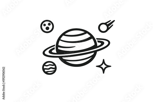 This black and white line art graphic depicts a central ringed planet accompanied by two smaller celestial bodies, a flying comet, and a single star in a simple space scene.