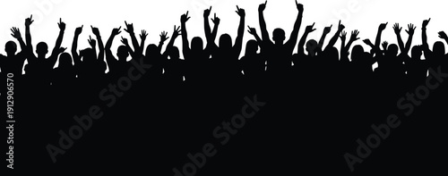 Silhouette of cheering crowd with raised hands isolated on white background, concert audience, celebration, protest, unity, excitement, public gathering concept