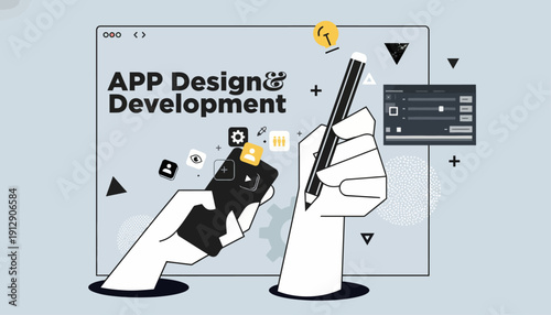 Hands interacting with mobile and stylus on app design screen interface