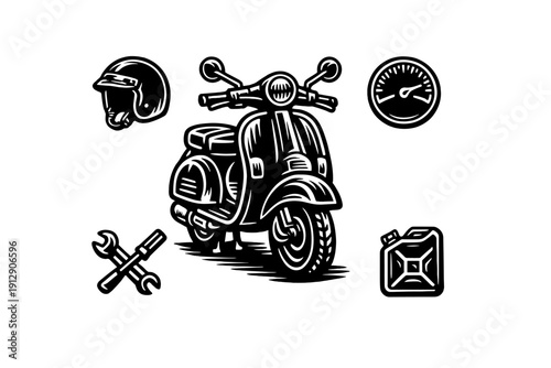 A black and white graphic illustration featuring a vintage motor scooter surrounded by icons of a helmet, a speedometer, crossed wrenches, and a fuel canister on a black background.