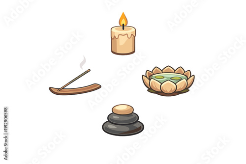 A collection of four stylized spa icons including a lit candle, burning incense, a lotus flower bowl, and a stack of balanced zen stones, all isolated on a black background.
