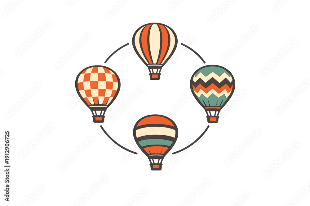 Obraz premium Four stylized hot air balloons with unique patterns are arranged in a circle on a black background. The illustration uses a retro color palette of orange, cream, and teal tones.