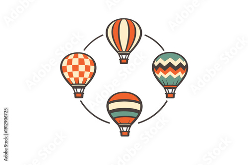 Four stylized hot air balloons with unique patterns are arranged in a circle on a black background. The illustration uses a retro color palette of orange, cream, and teal tones.