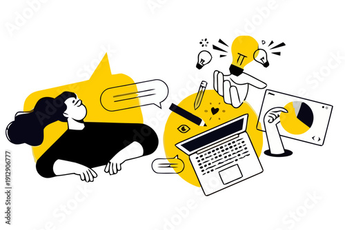 A woman discusses ideas with a person having a lightbulb on their head next to a laptop and computer monitor.