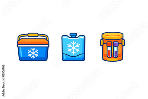 Three stylized icons representing medical cold storage, including a blue cooler box with a snowflake, a blue ice pack, and an orange specimen container with two test tubes.