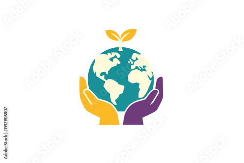 A stylized illustration of a globe with a small sprout growing from the top, held gently by two colorful hands against a black background, representing environmental care and growth.