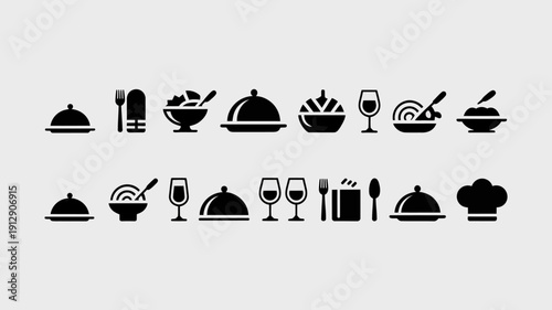 Culinary Array Icons: A comprehensive collection of stylized food and beverage icons, designed in a clean, minimalist style, suitable for a variety of culinary-themed applications.