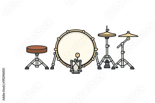 A minimalist vector illustration of a drum set featuring a bass drum with a pedal, two cymbals on stands, and a brown drum stool, all set against a solid black background.