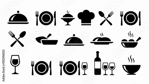 Culinary Essentials: A collection of meticulously crafted silhouette icons, each representing a facet of dining, from utensils to prepared dishes, offering a visual symphony for culinary concepts.