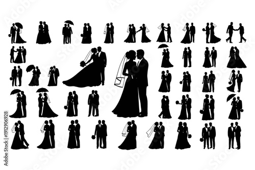 Untitled-42 Wedding couple silhouette collection isolated on white background featuring bride and groom poses romantic marriage illustration set graphic design.ai
