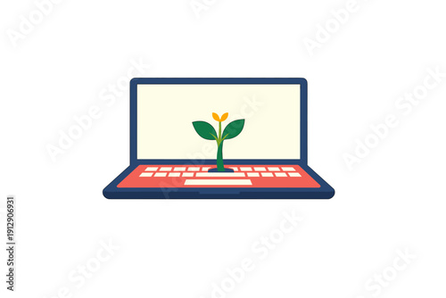 This minimalist vector illustration features a small green plant sprouting from the keyboard of a dark blue laptop. The image symbolizes sustainable technology and digital growth.