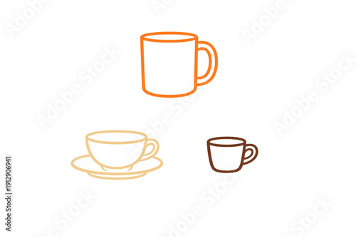 Three minimalist cup icons are displayed on a solid black background. The set includes a large orange mug, a beige teacup with a saucer, and a small brown espresso cup in a simple line art style.