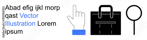 Business operations, job search, professional tools, online services, navigation, investigation. Hand pointing, briefcase magnifying glass and text. Business operations and job search concept