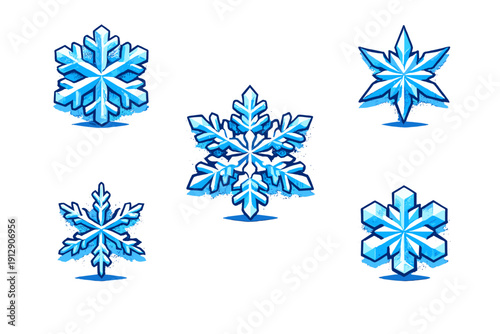 Five unique blue snowflake illustrations featuring sharp crystalline edges and a glowing effect. These digital icons are isolated on a black background for winter design.