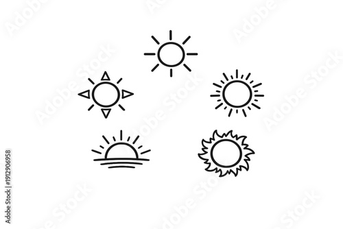 A collection of five hand-drawn sun icons in white line art against a solid black background. The set includes various styles like a sunset, a simple sun, and a sun with wavy rays.
